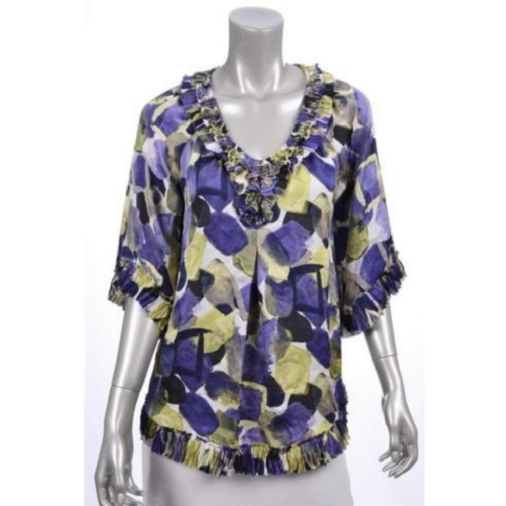 Alfani Paint Blocks Ruffle Trim Blouse Purple‎ 2